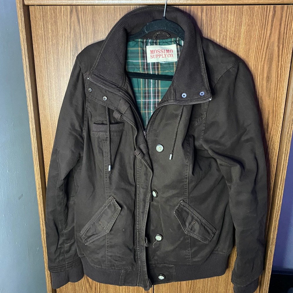 Mossimo Utility Bomber Jacket Mens Brown Cotton Canvas Plaid Lined Coat